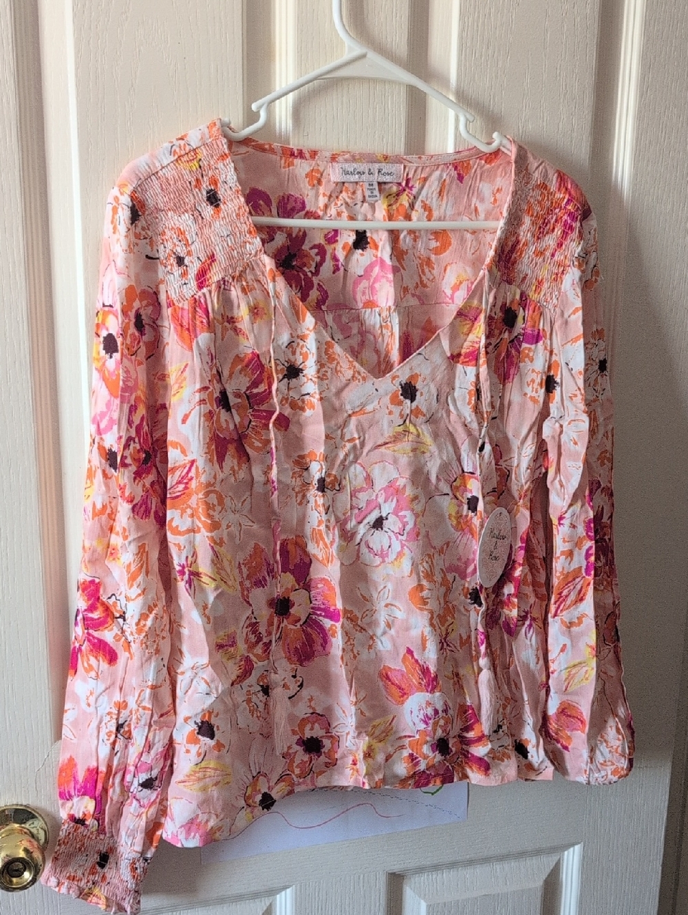 Velvet by Graham & Spencer Pink and Orange Floral V-Neck Blouse
